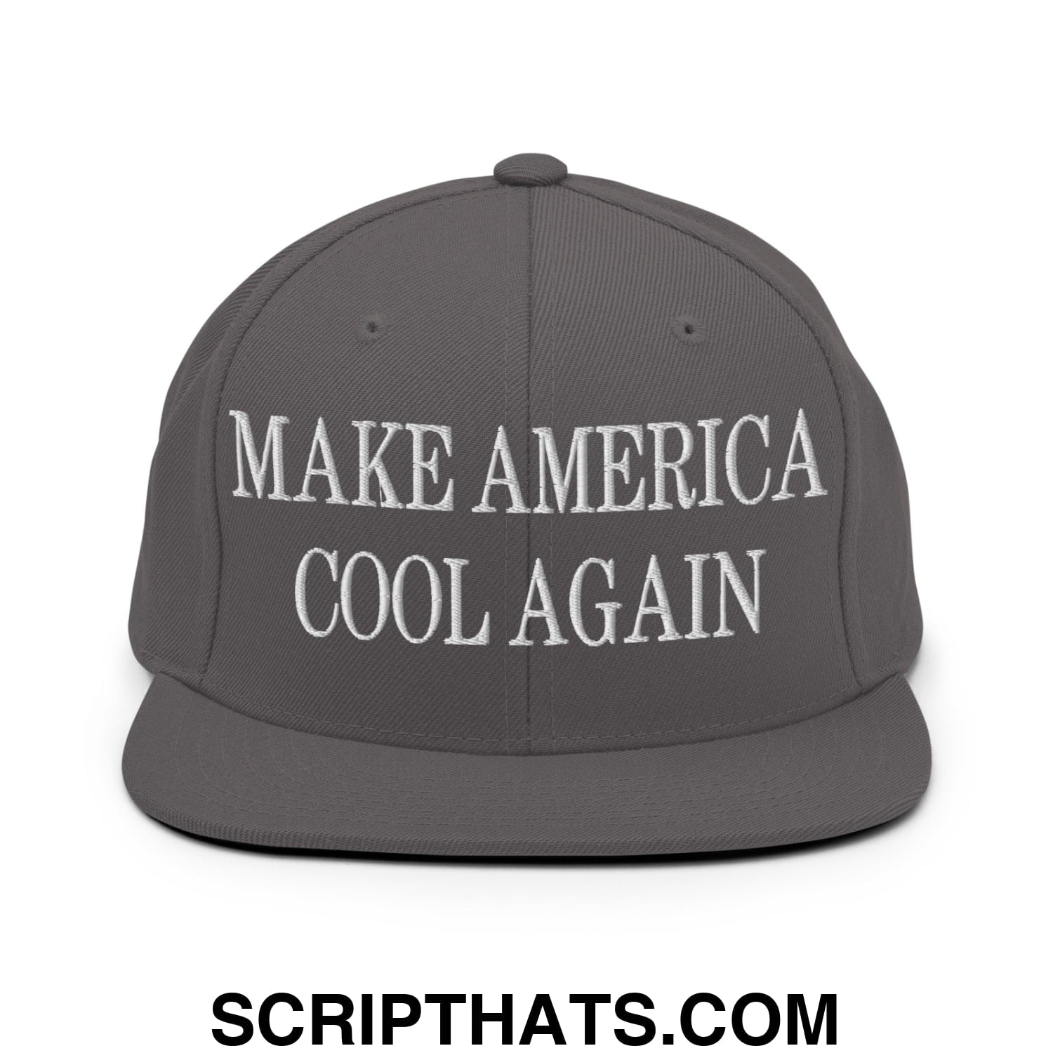 Gray snapback hat with white embroidered make america cool again text and flat bill brim for casual wear