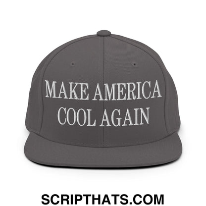 Gray snapback hat with white embroidered make america cool again text and flat bill brim for casual wear