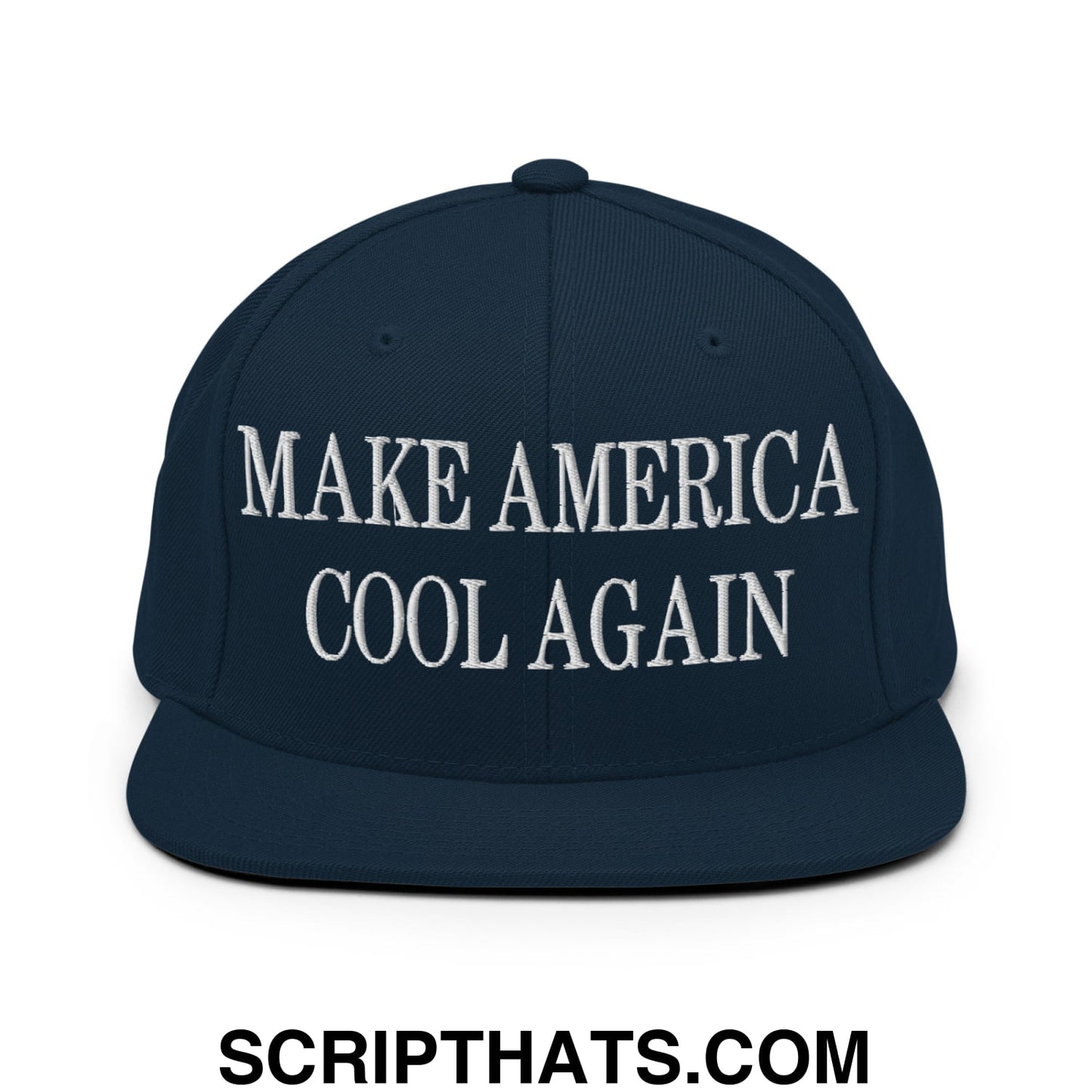 Navy blue snapback hat with white embroidered make america cool again text and flat bill brim design
