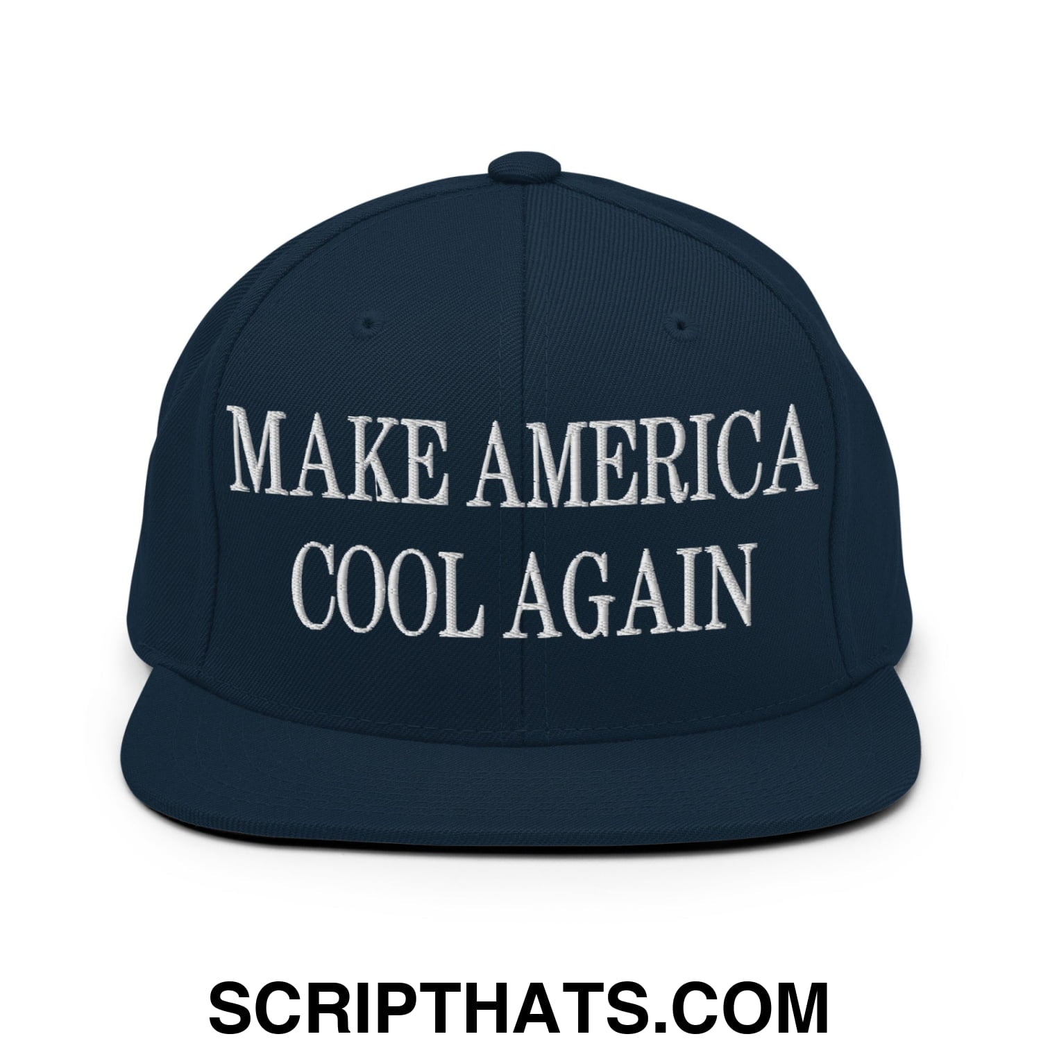 Navy blue snapback hat with white embroidered make america cool again text and flat bill brim design