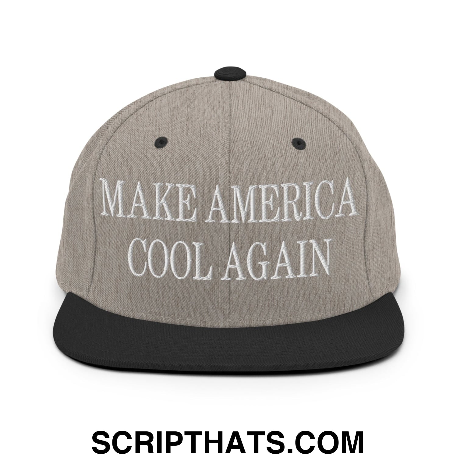 Gray snapback hat with black flat bill brim embroidered with white text reading make america cool again