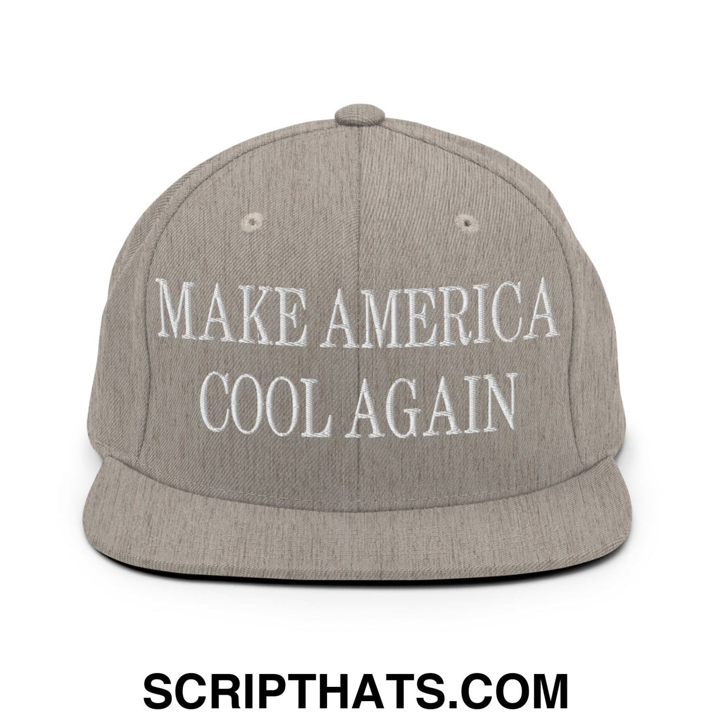 Gray snapback hat with white embroidered make america cool again text and flat bill brim for casual wear