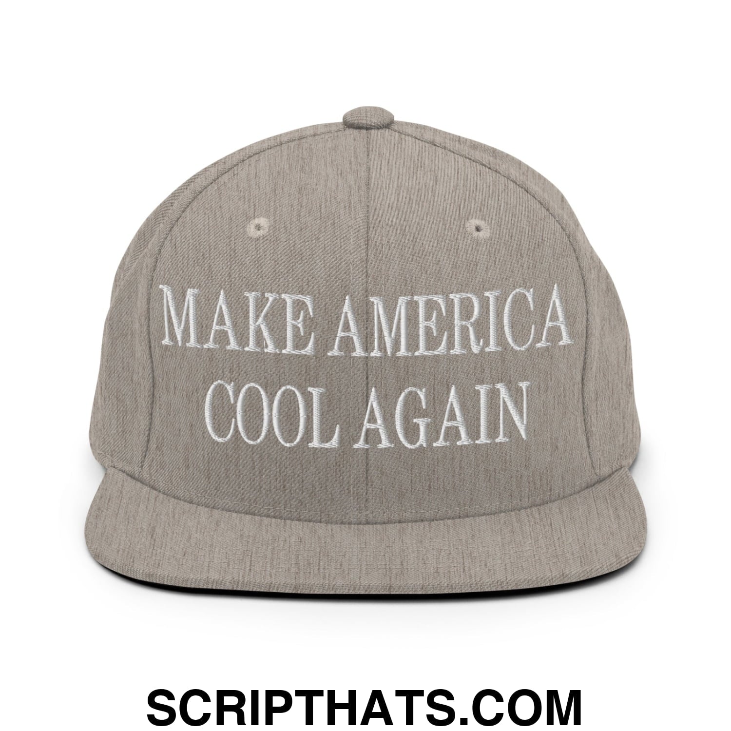 Gray snapback hat with white embroidered make america cool again text and flat bill brim for casual wear
