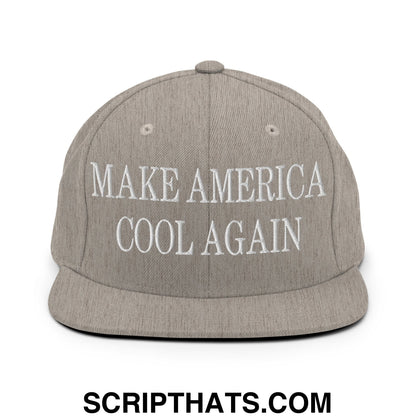 Gray snapback hat with white embroidered make america cool again text and flat bill brim for casual wear