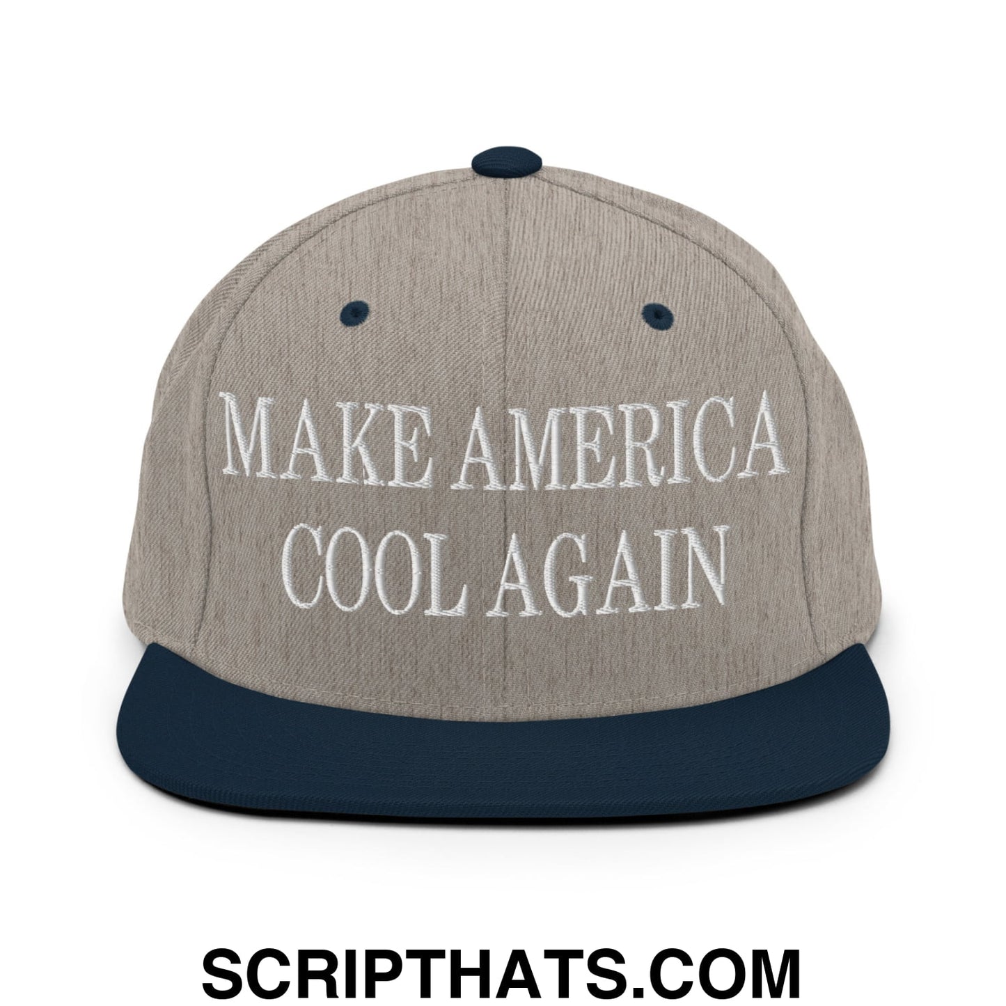 Gray and navy blue snapback hat with white embroidered make america cool again text and flat bill brim