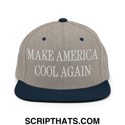 Gray and navy blue snapback hat with white embroidered make america cool again text and flat bill brim