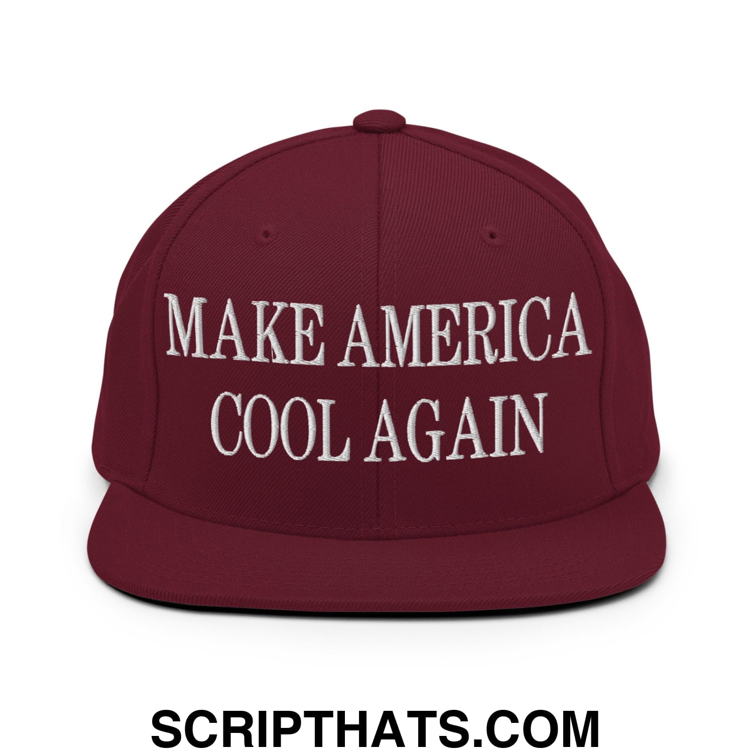 Maroon snapback hat with white embroidered make america cool again text and flat bill brim design