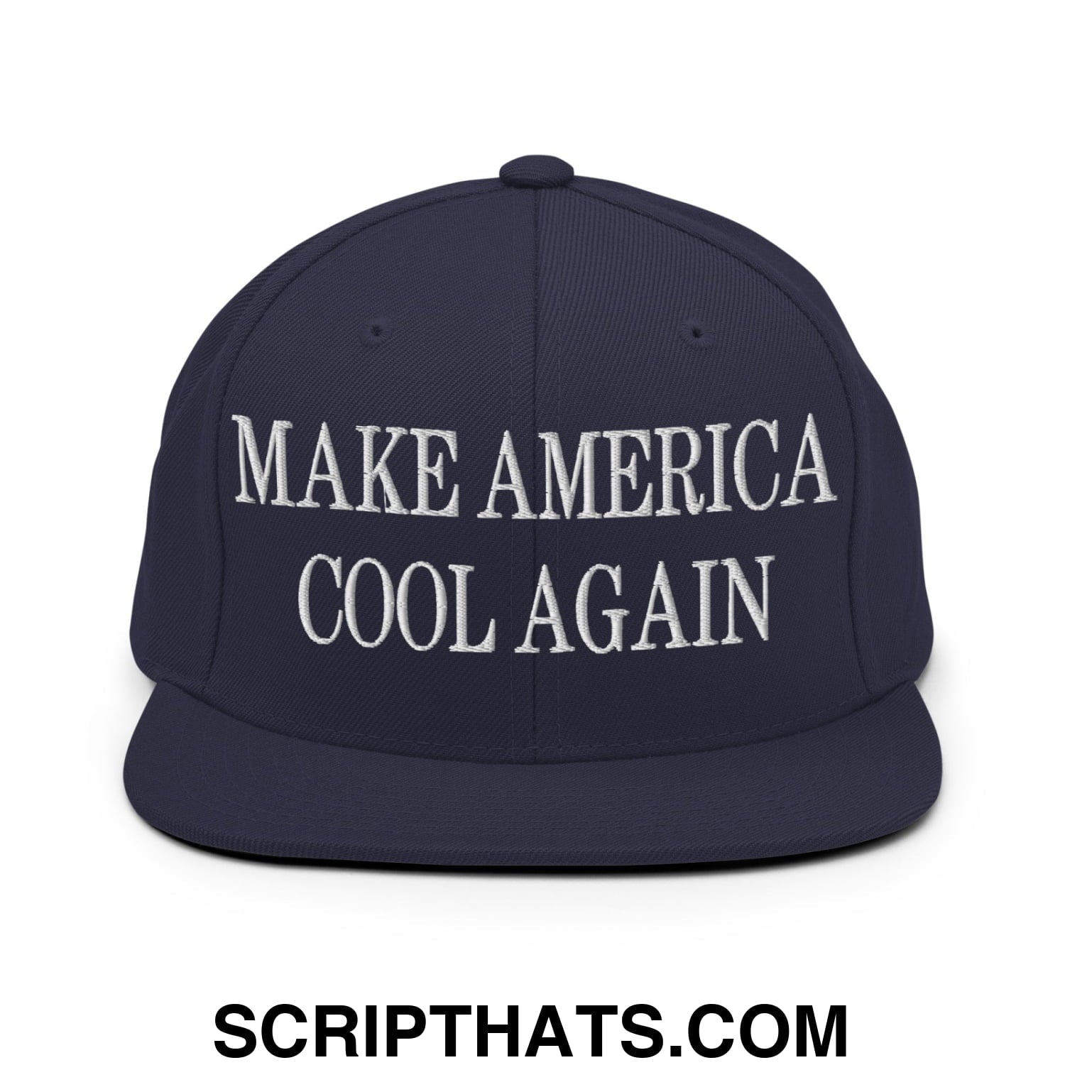 Navy blue snapback hat with white embroidered make america cool again text and flat bill brim design