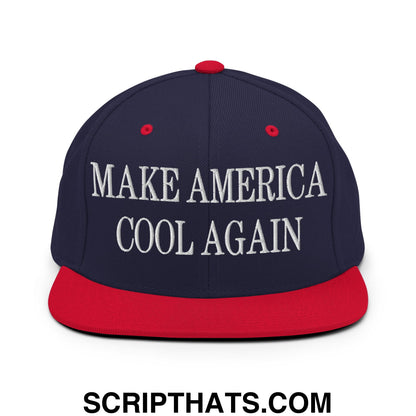 Navy blue and red snapback hat with white embroidered make america cool again text and flat bill brim design