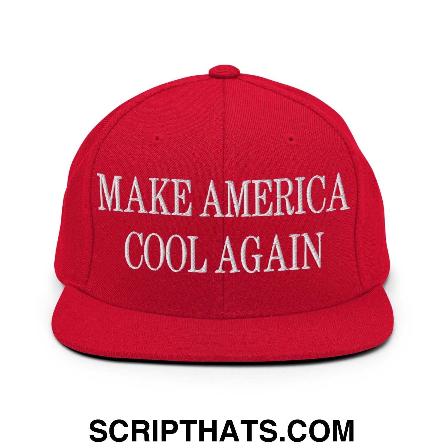 Red snapback cap with white embroidered make america cool again text and flat bill brim for casual wear