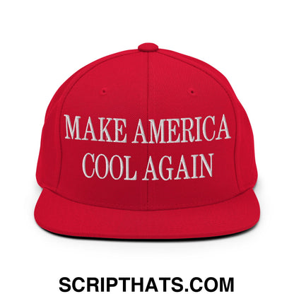 Red snapback cap with white embroidered make america cool again text and flat bill brim for casual wear