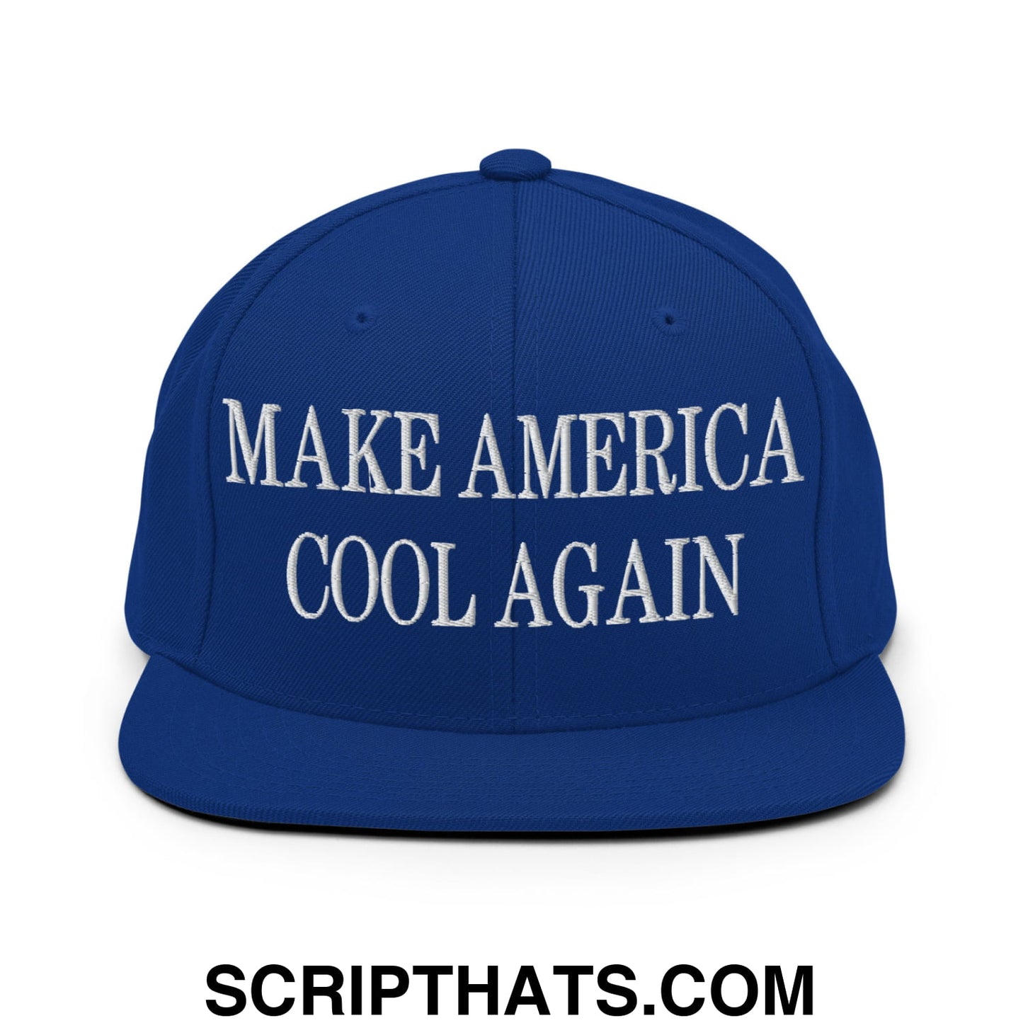 Royal blue snapback hat with white embroidered make america cool again text and flat bill brim design