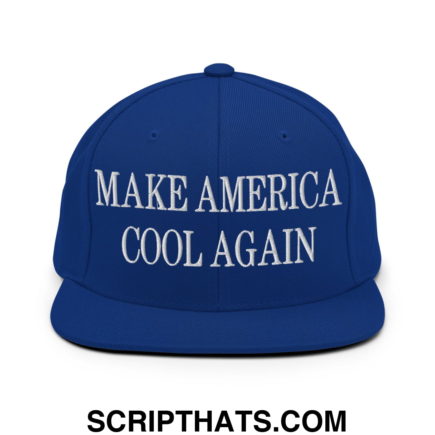 Royal blue snapback hat with white embroidered make america cool again text and flat bill brim design