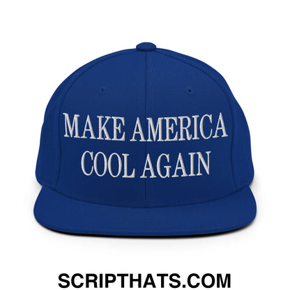 Royal blue snapback hat with white embroidered make america cool again text and flat bill brim design