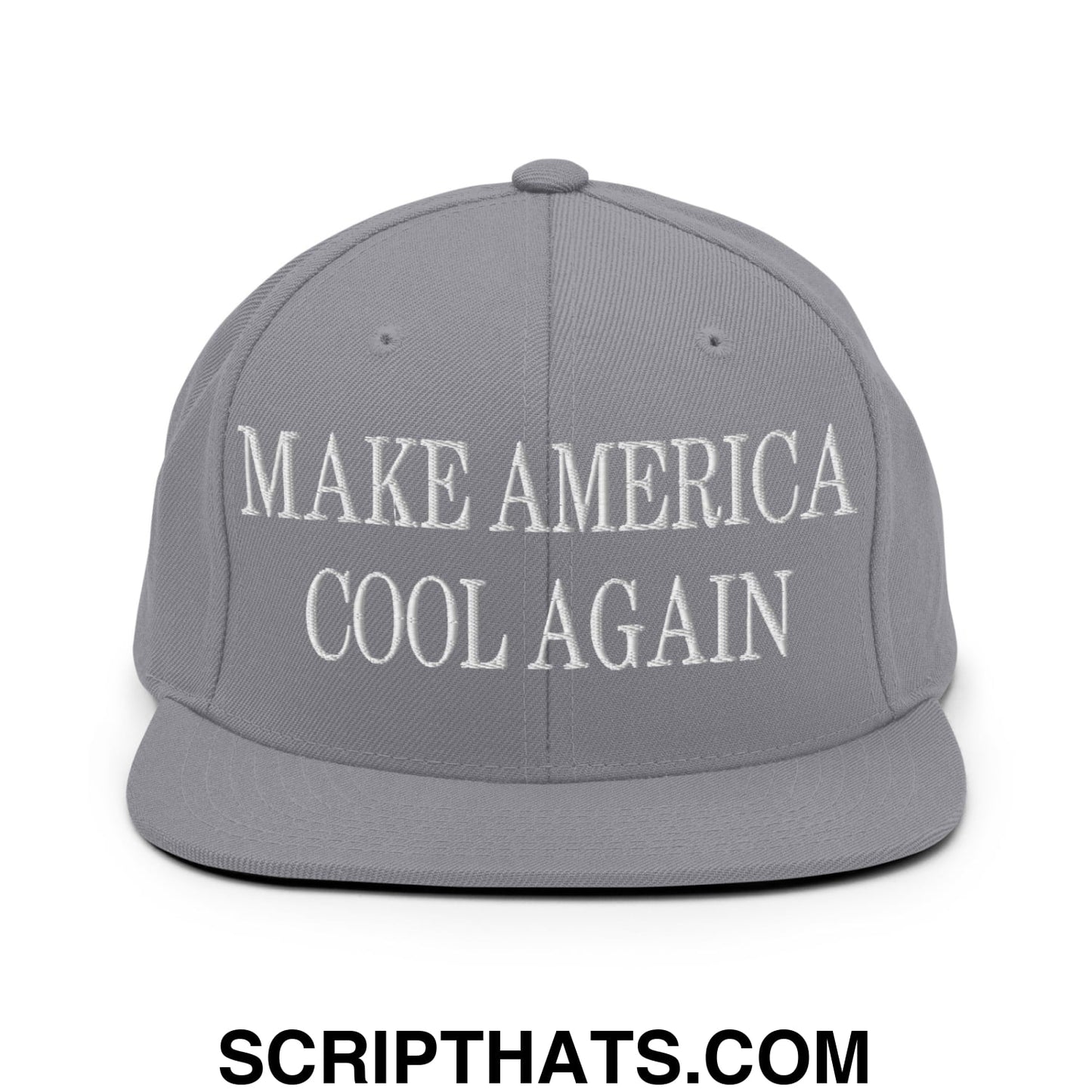 Gray snapback hat with white embroidered make america cool again text and flat bill brim design