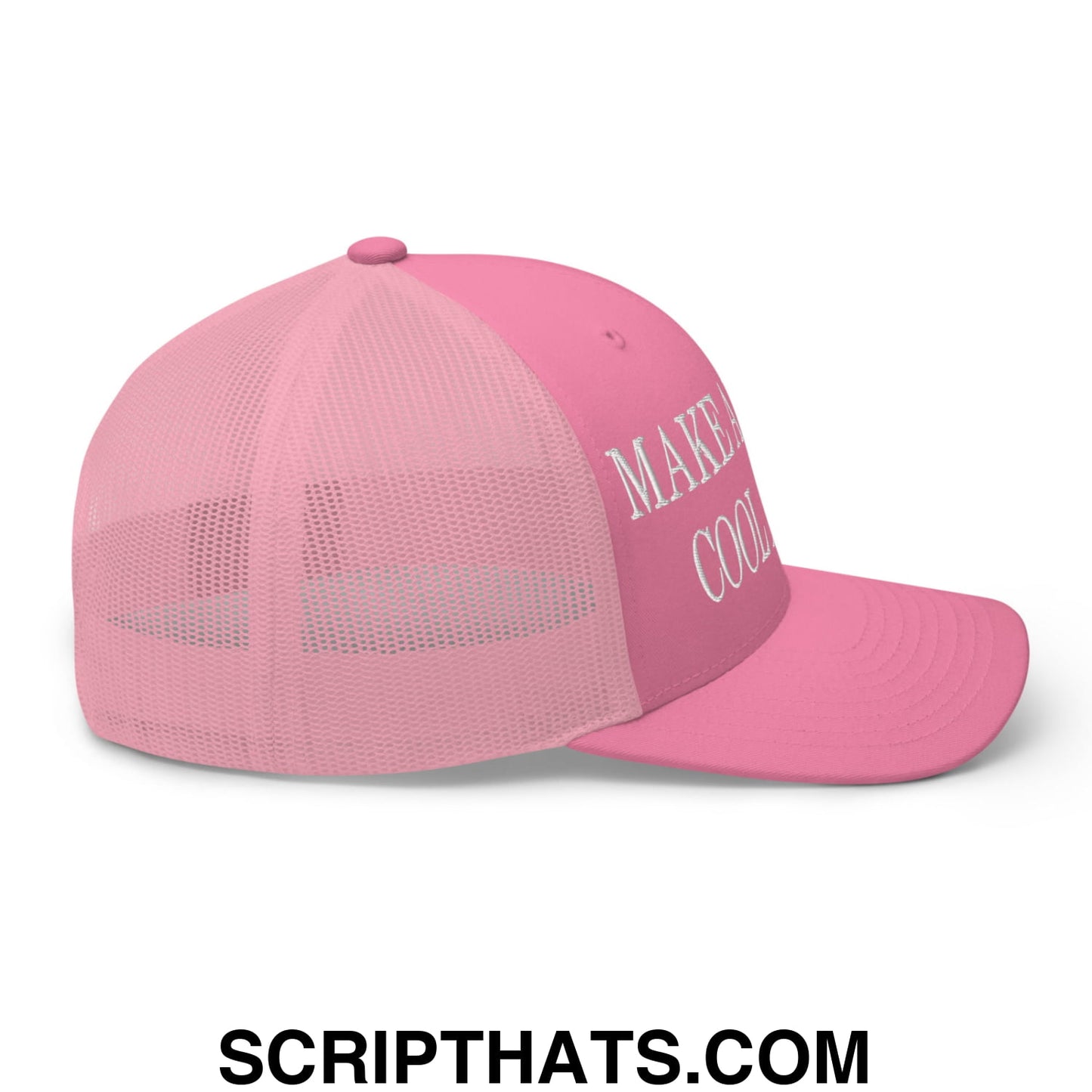 Pink mesh trucker hat with white embroidered make cool text from the Make America Cool Again collection