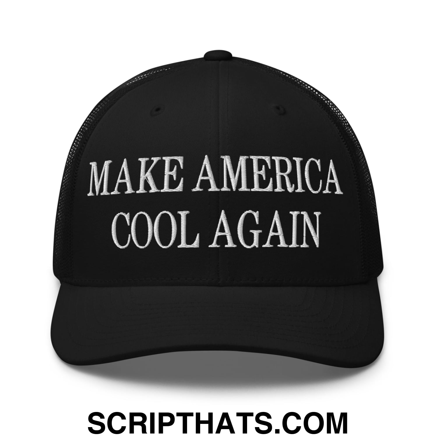 Black embroidered mesh trucker hat with make america cool again text on front panel