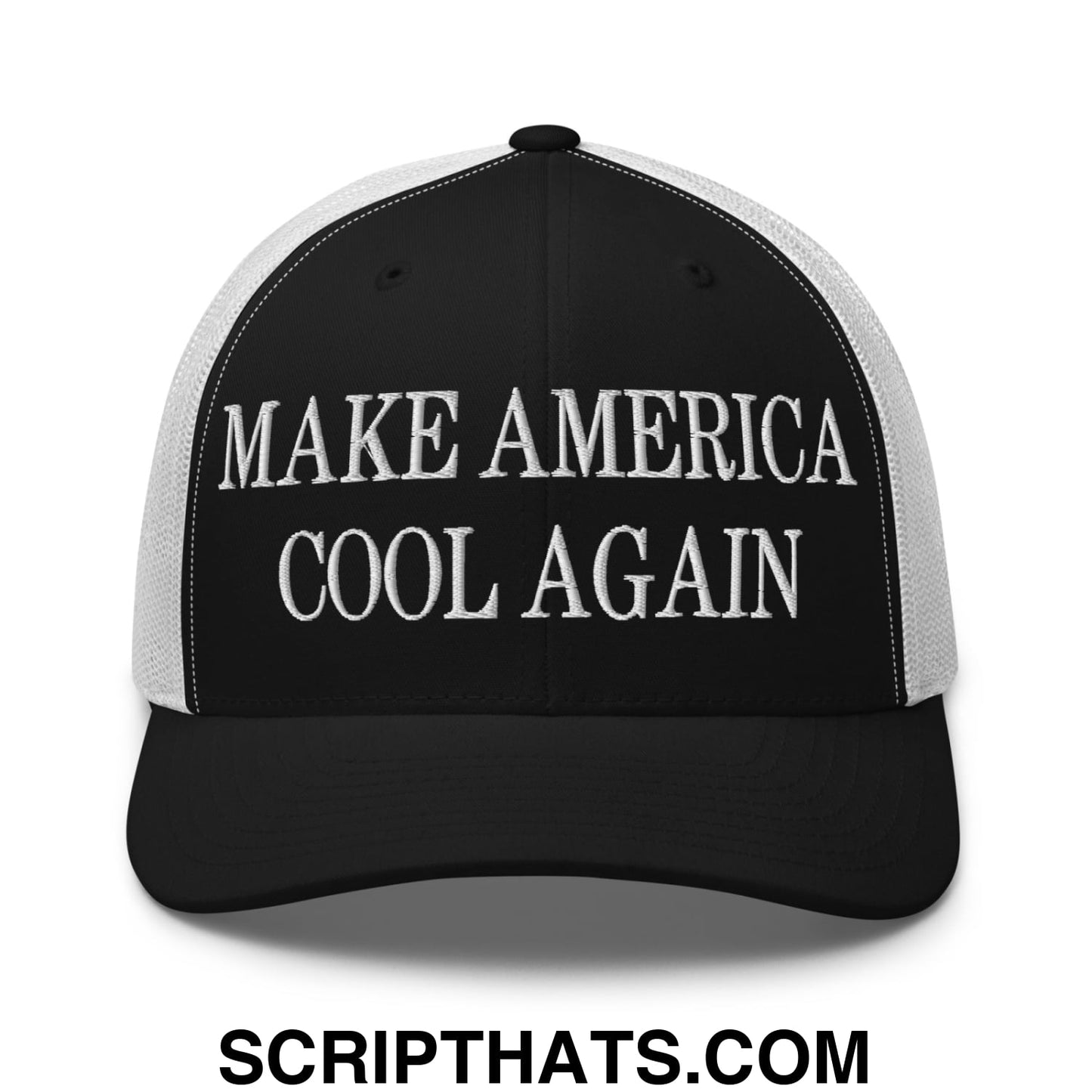 Black and white mesh trucker hat embroidered with make america cool again in silver thread on the front panel