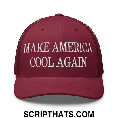 Maroon embroidered mesh trucker hat with make america cool again text ideal for casual outdoor wear