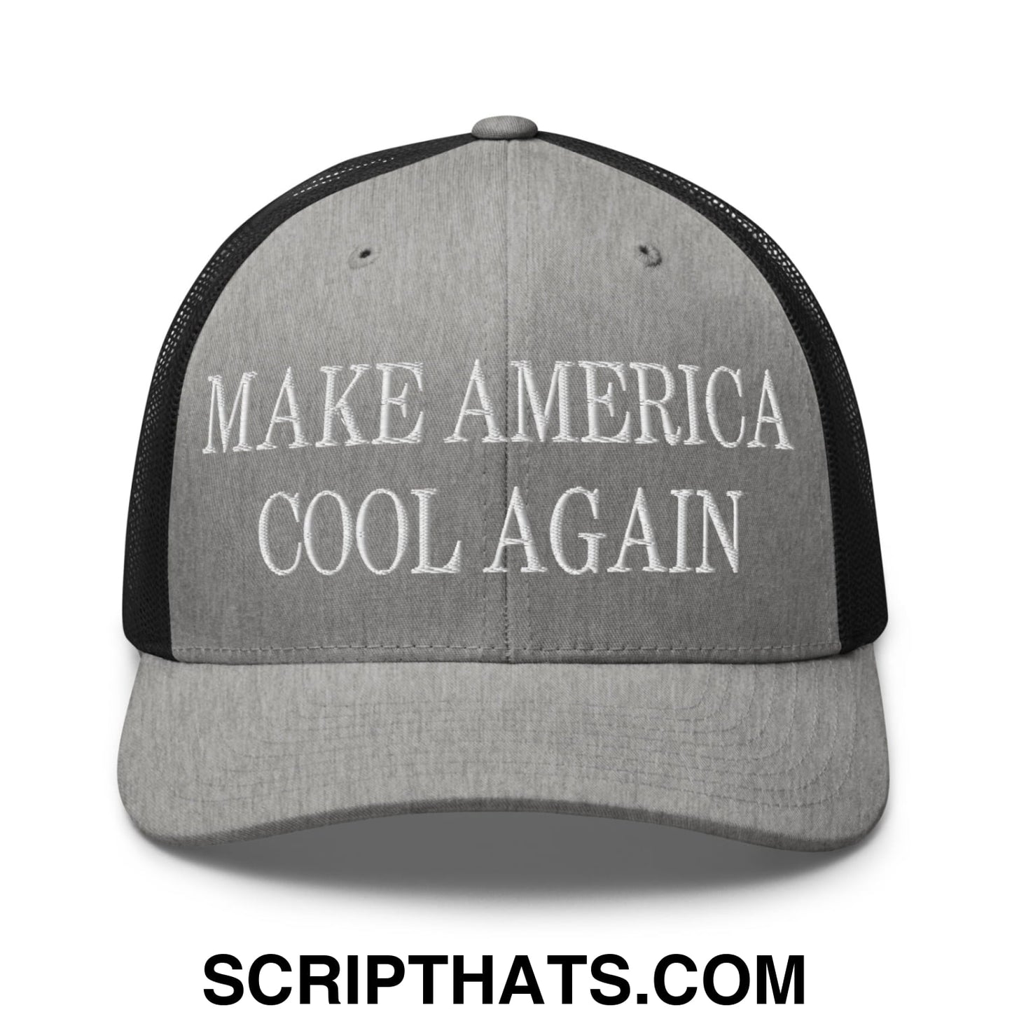 Gray trucker hat with black mesh back and white embroidered make america cool again text front view