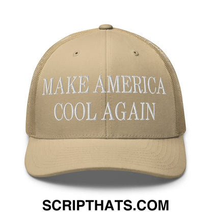 Beige mesh trucker hat with white embroidered make America cool again text in a casual style design