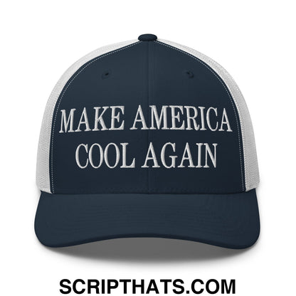 Dark blue and white mesh trucker hat with make america cool again embroidered in silver thread on front