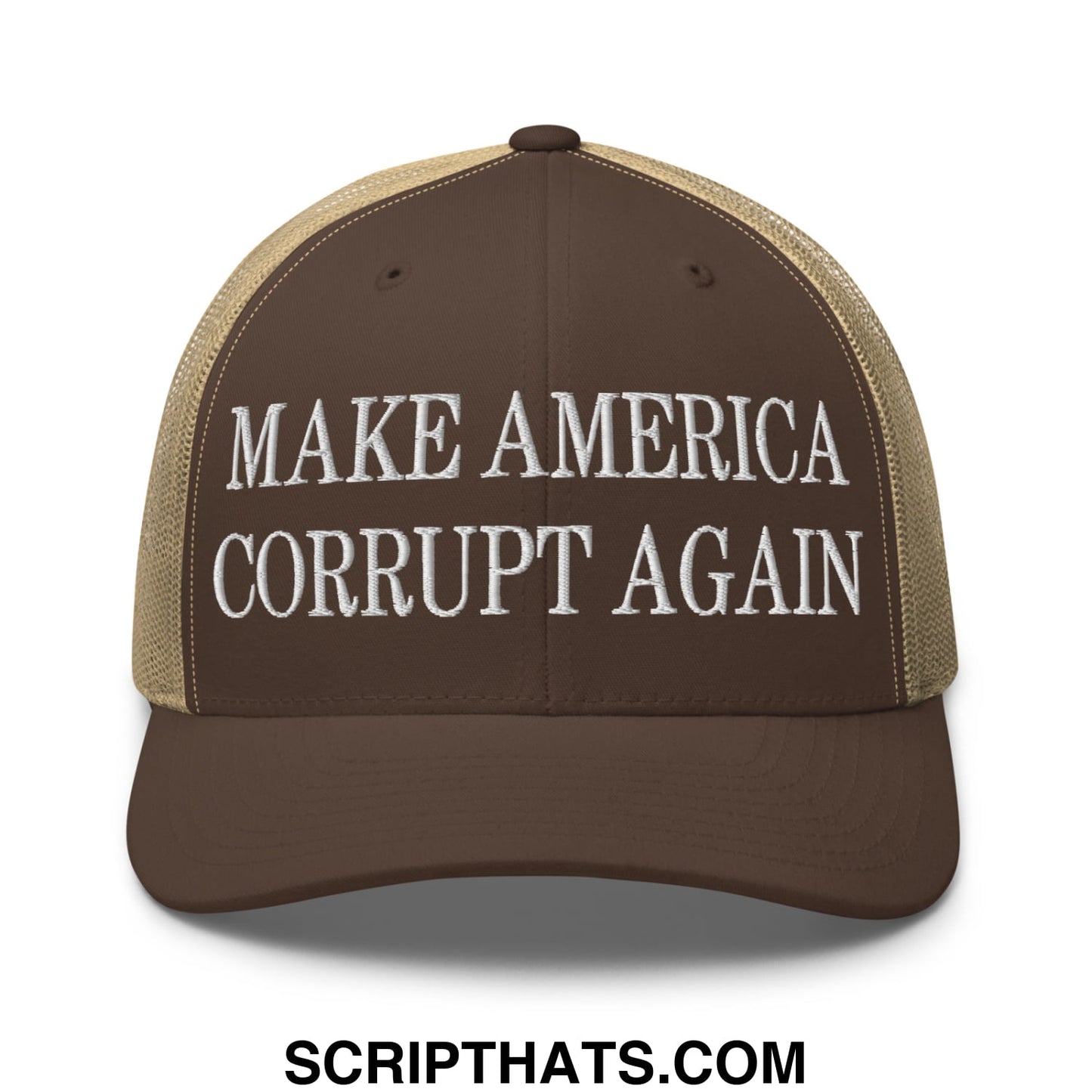 Make America Corrupt Again Embroidered Mesh Trucker Hat Brown Khaki