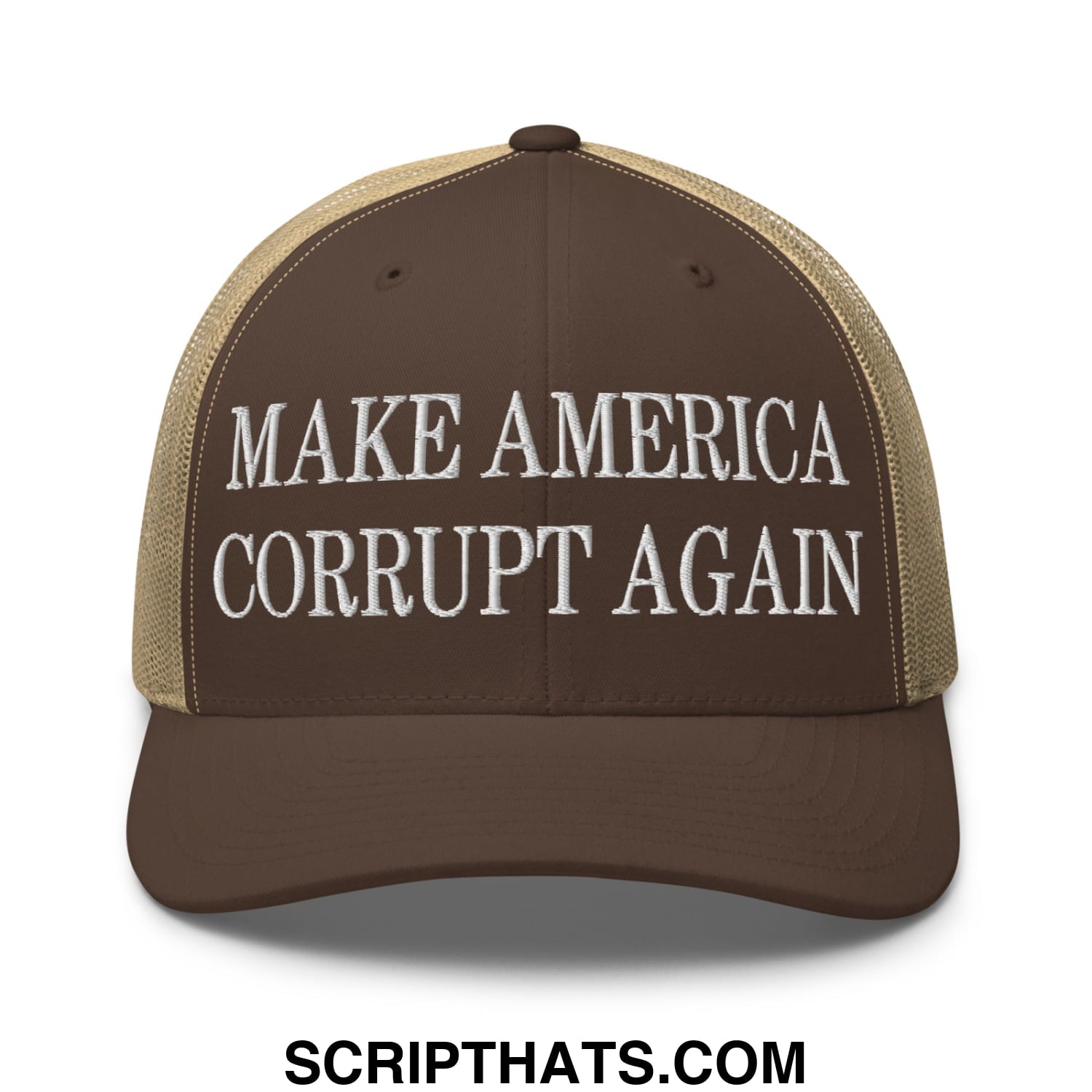 Make America Corrupt Again Embroidered Mesh Trucker Hat Brown Khaki