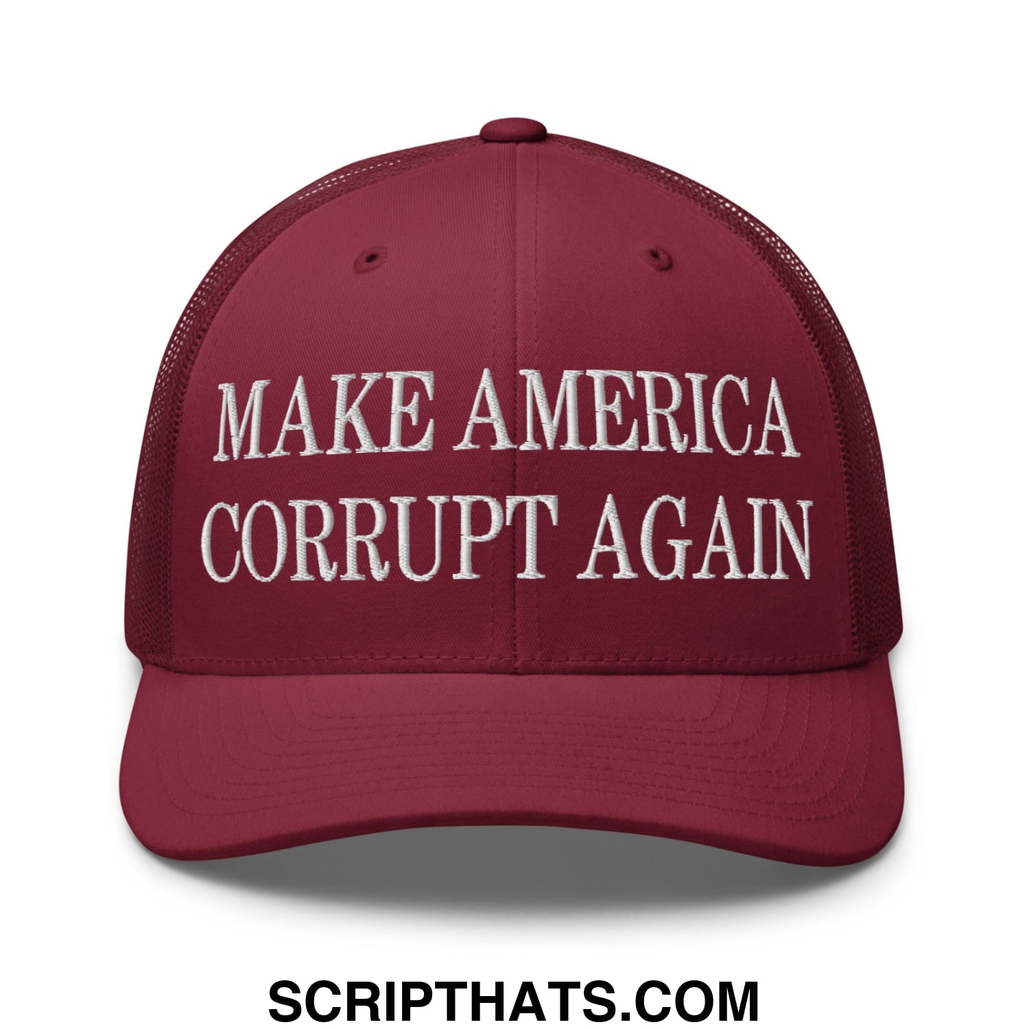 Make America Corrupt Again Embroidered Mesh Trucker Hat Cranberry