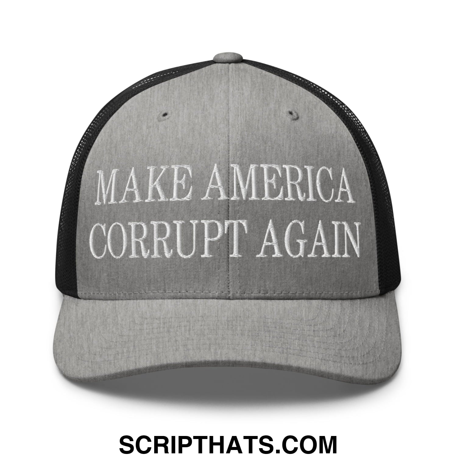 Make America Corrupt Again Embroidered Mesh Trucker Hat Heather Black
