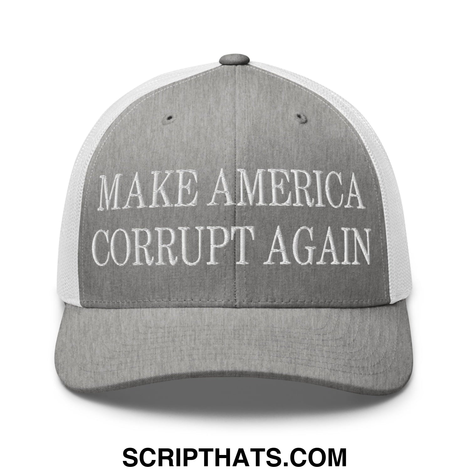 Make America Corrupt Again Embroidered Mesh Trucker Hat Heather Grey White