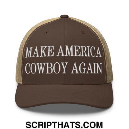 Make America Cowboy Again Embroidered Mesh Trucker Hat Brown Khaki
