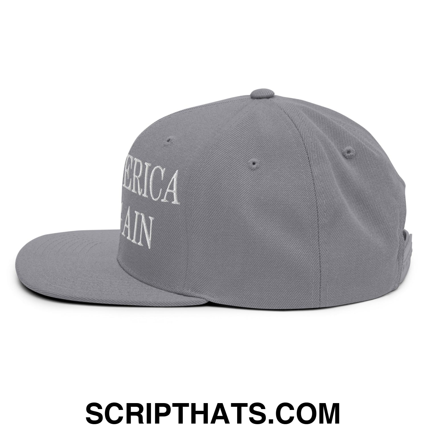 Gray snapback cap with white embroidered america again text featuring a flat bill brim for casual wear