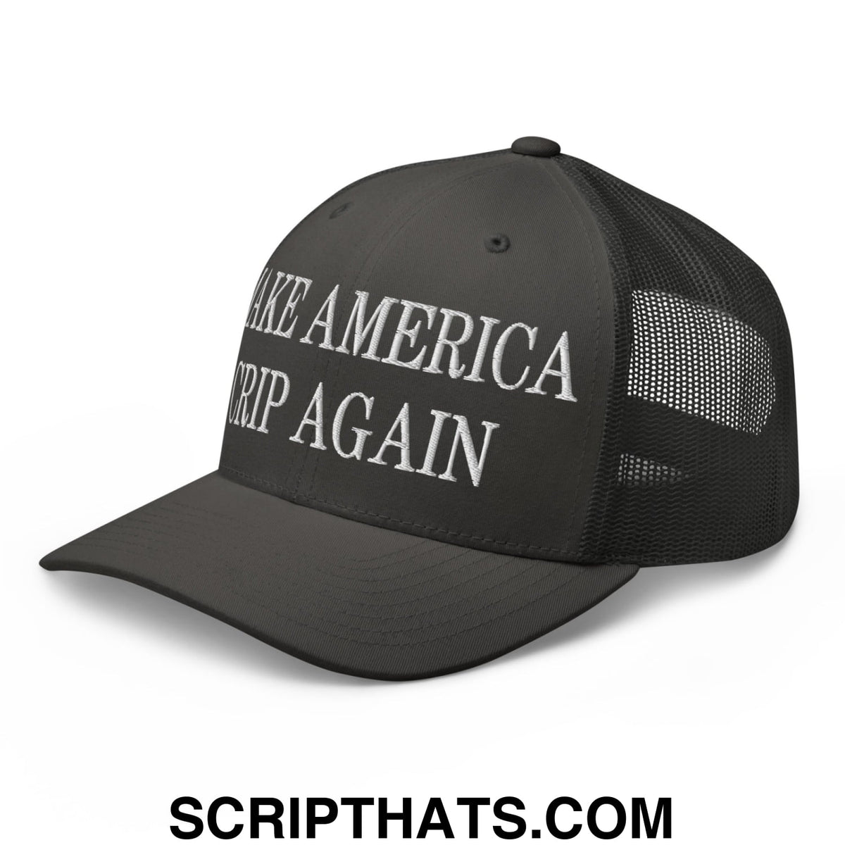 Black mesh trucker hat with white embroidered make america great again text on the front panel
