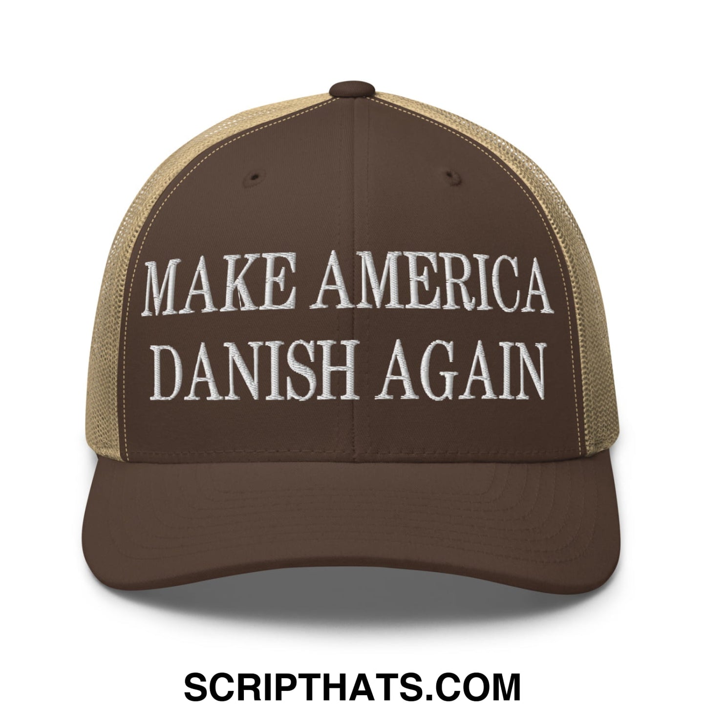 Make America Danish Again Embroidered Mesh Trucker Hat Brown Khaki