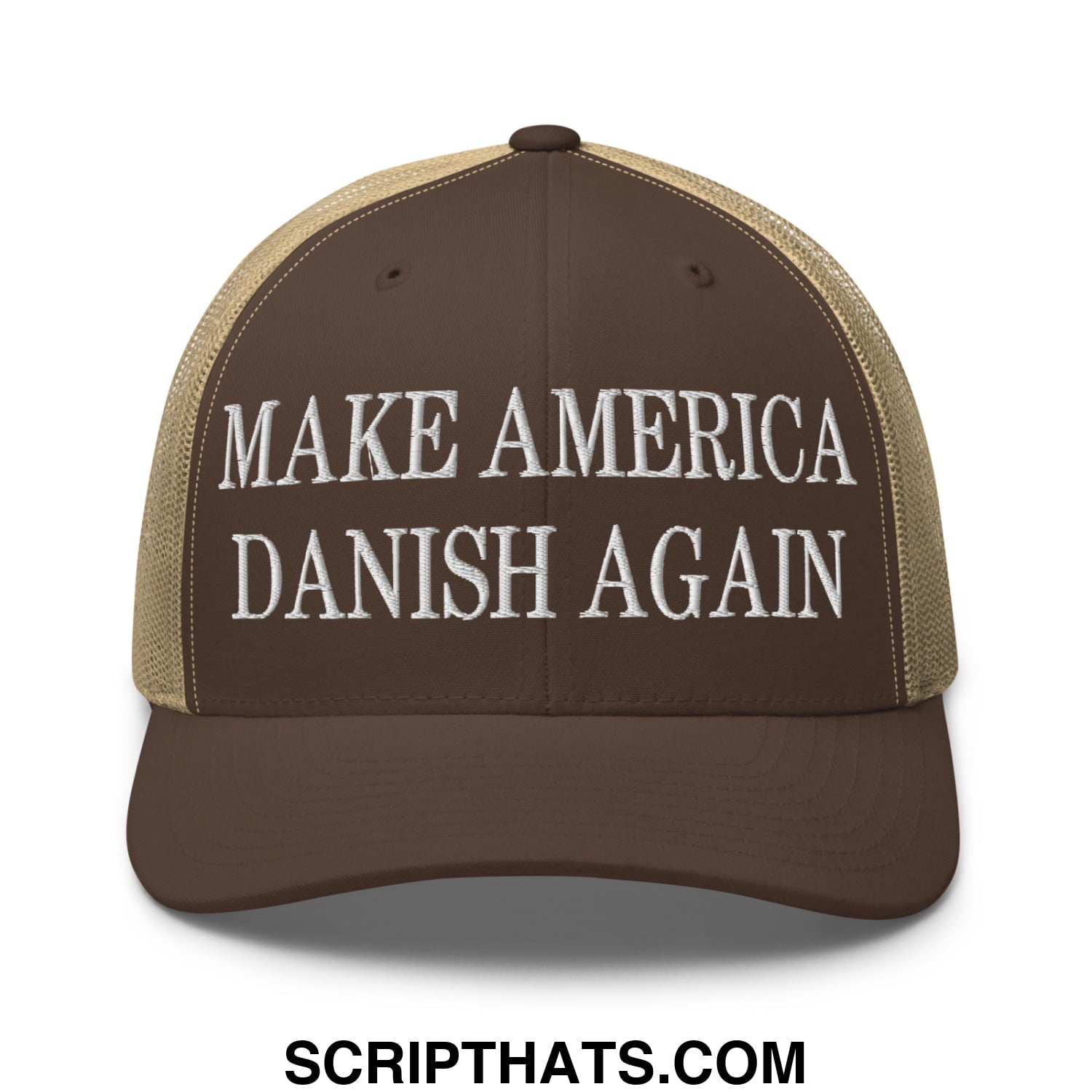 Make America Danish Again Embroidered Mesh Trucker Hat Brown Khaki