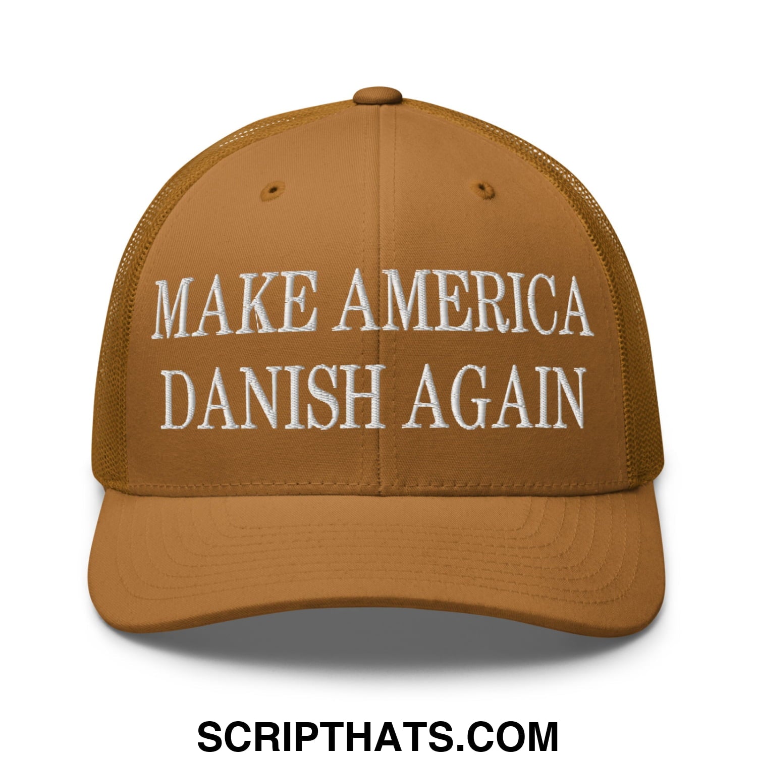 Make America Danish Again Embroidered Mesh Trucker Hat Caramel