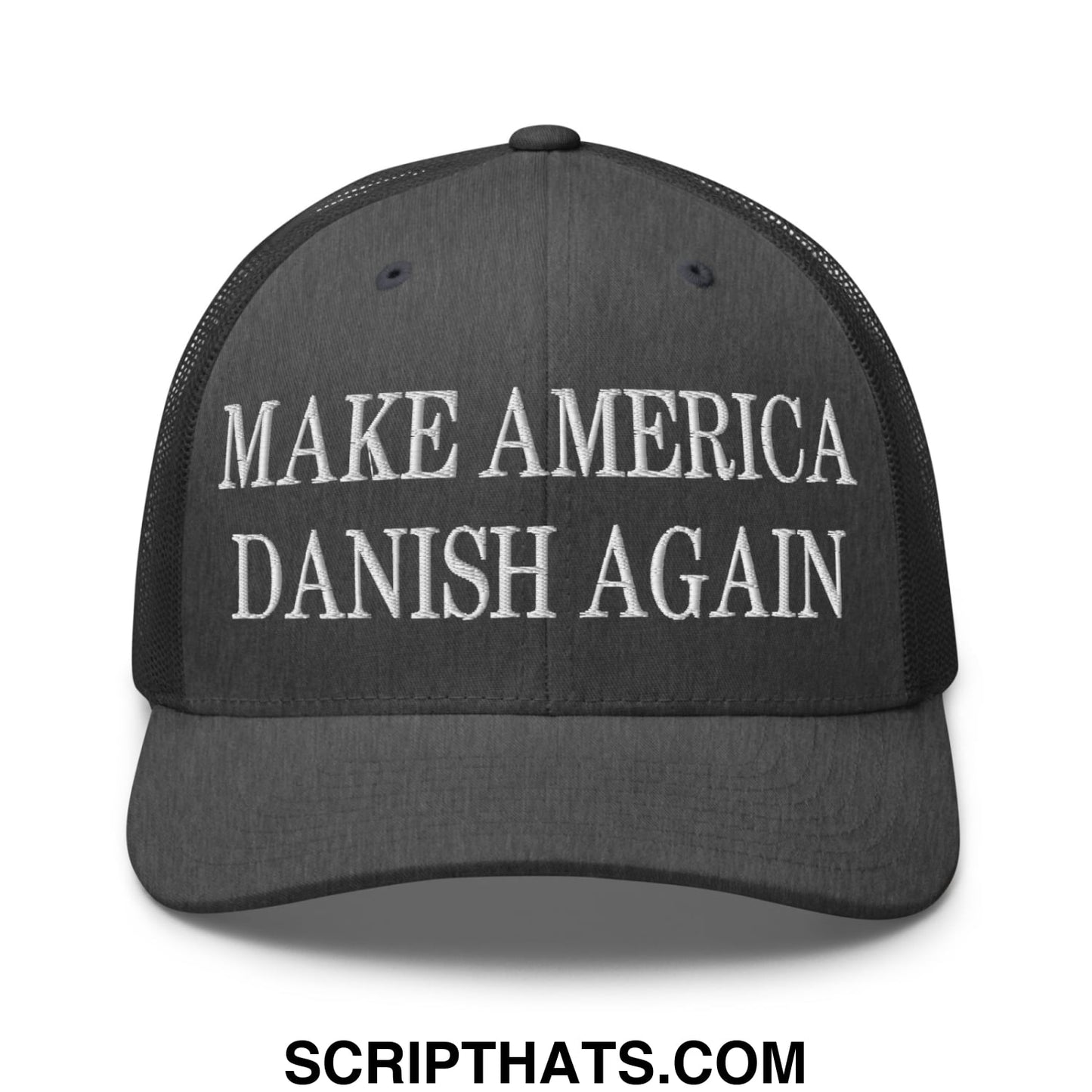 Make America Danish Again Embroidered Mesh Trucker Hat Dark Heather Gray