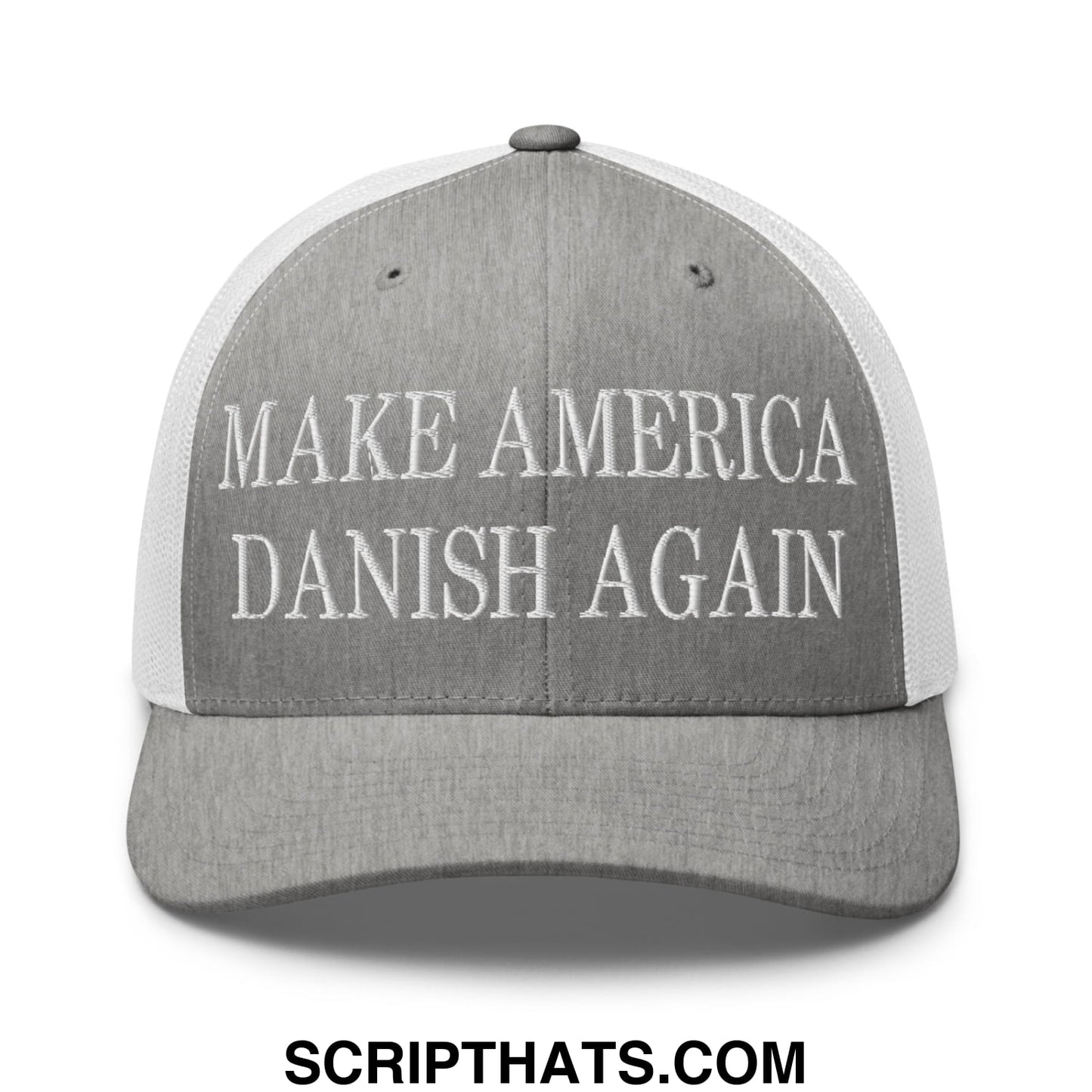 Make America Danish Again Embroidered Mesh Trucker Hat Heather Grey White