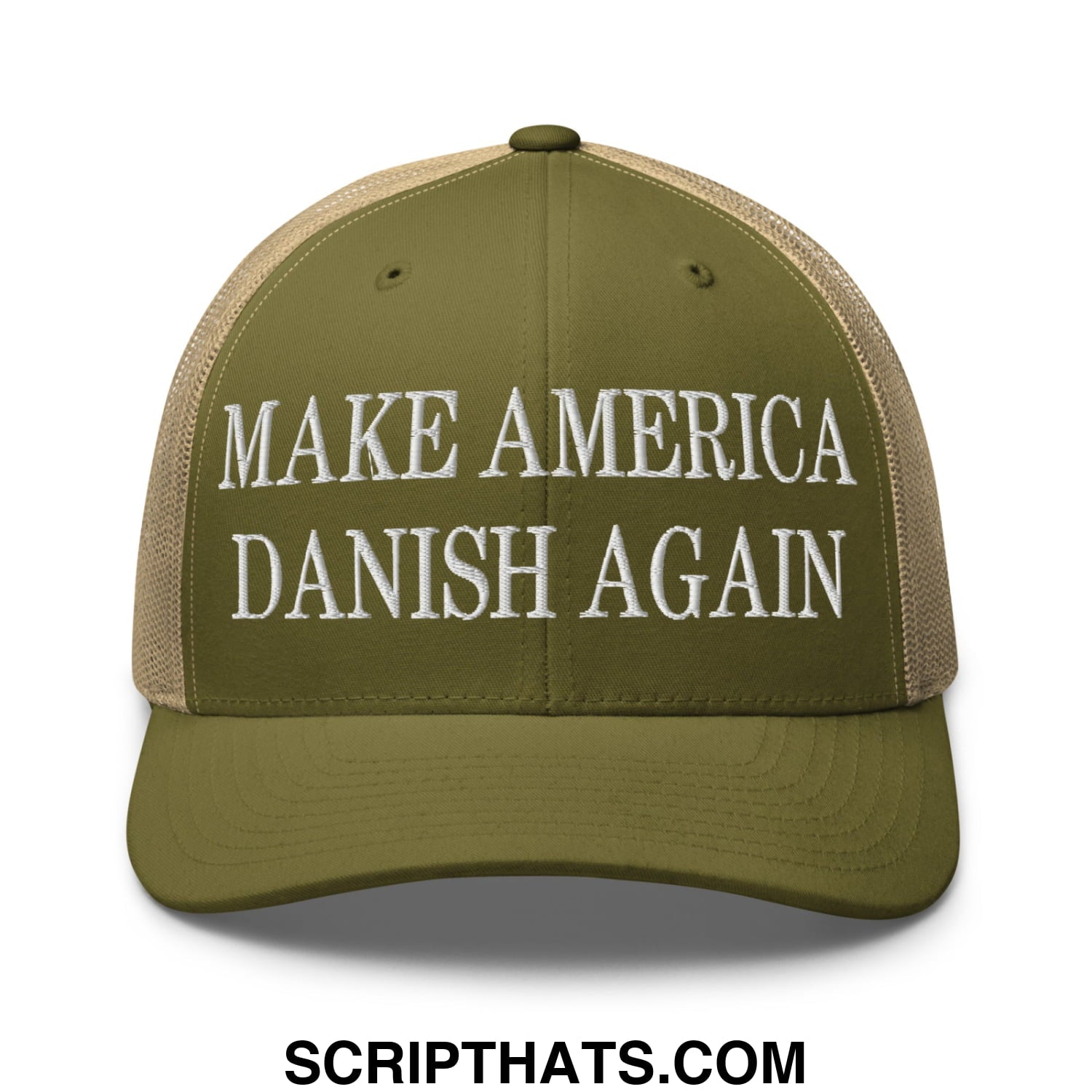 Make America Danish Again Embroidered Mesh Trucker Hat Moss Khaki