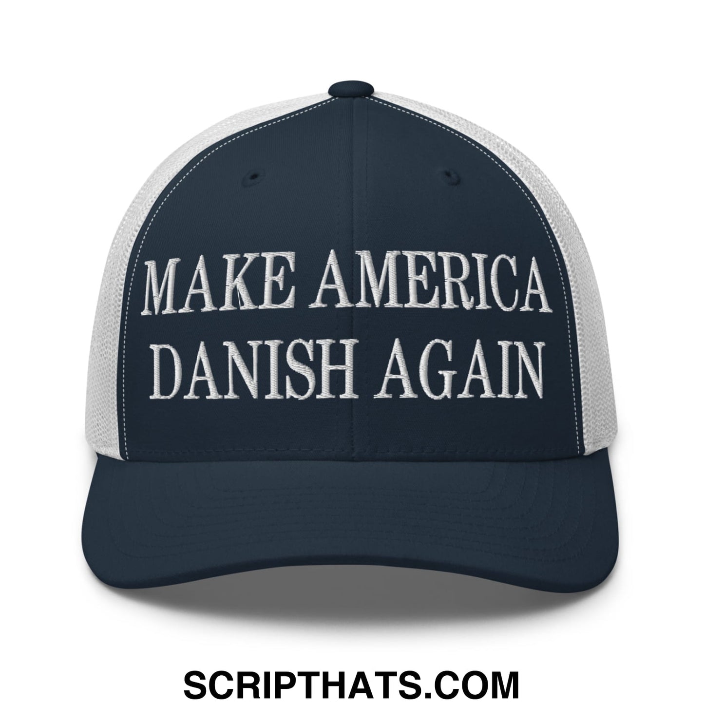 Make America Danish Again Embroidered Mesh Trucker Hat Navy White