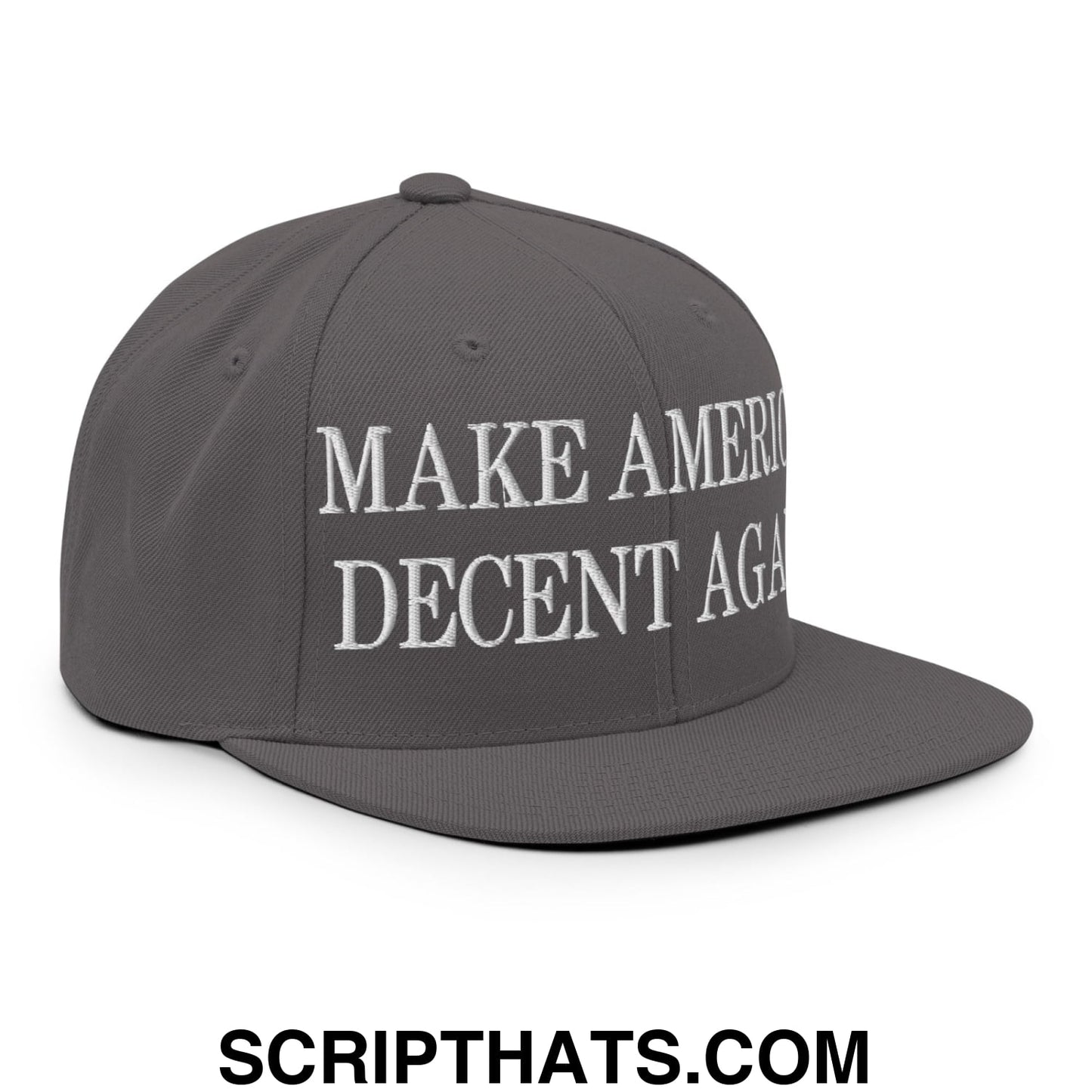 Gray embroidered flat bill brim snapback hat with white make america decent again text for casual wear