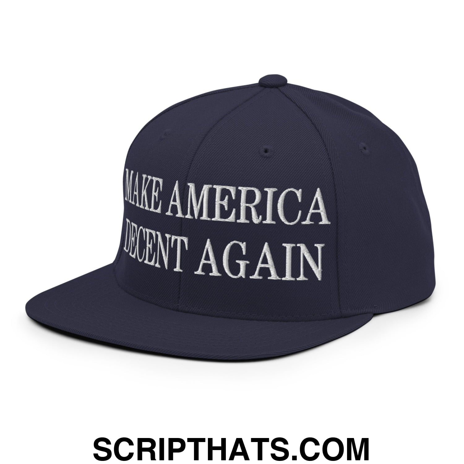 Navy blue flat bill brim snapback hat with white embroidered make America decent again text on the front