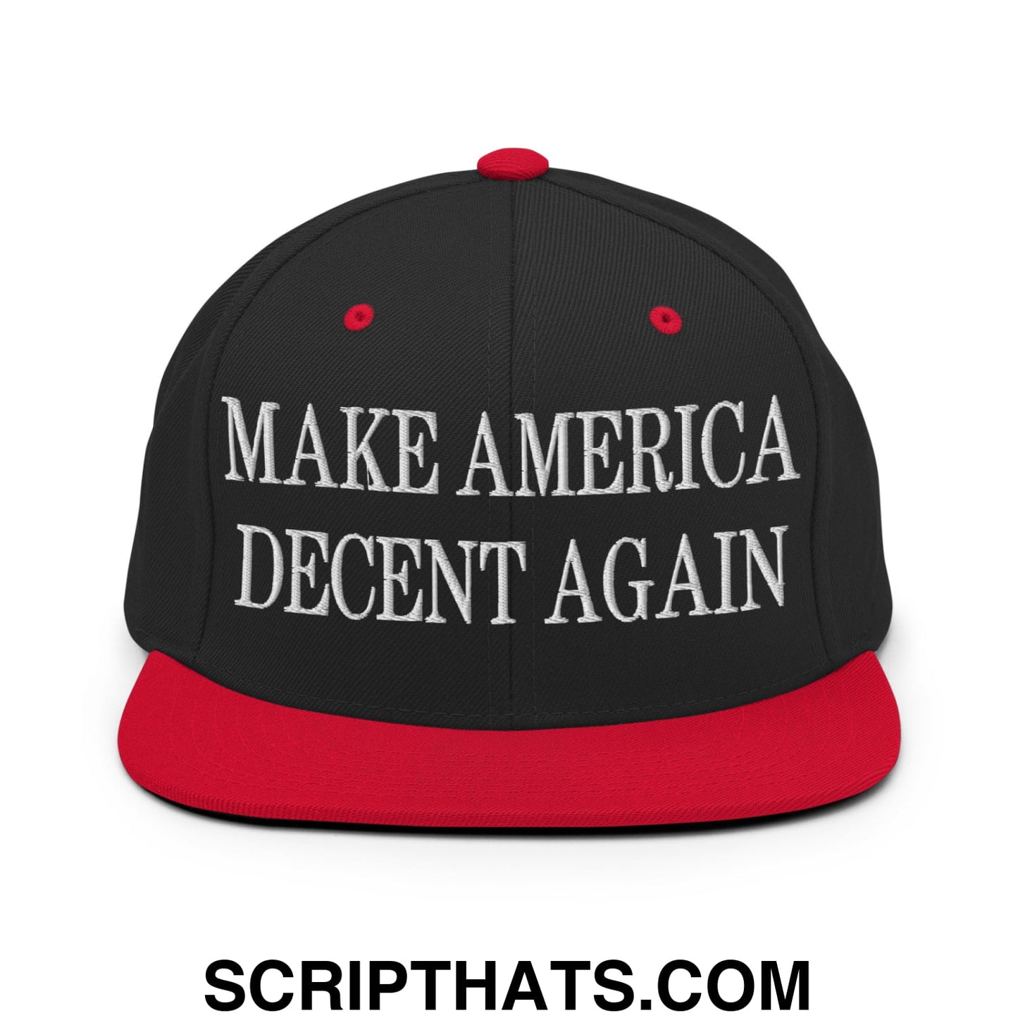 Black and red snapback cap with white embroidered make america decent again text and flat bill brim