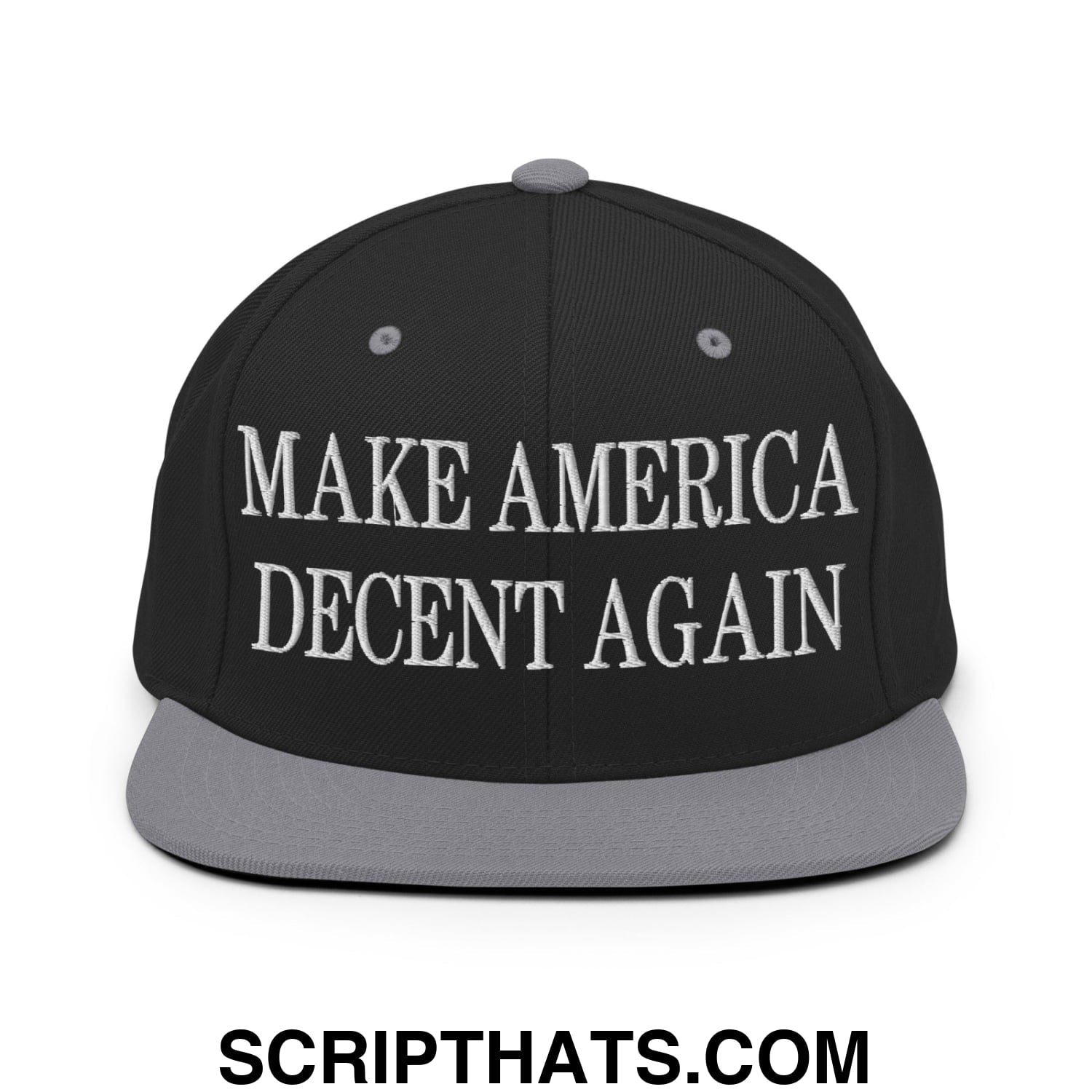 Black snapback cap with gray brim and white embroidered make america decent again text on front flat bill hat