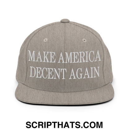Gray snapback cap with white embroidered text make america decent again featuring a flat bill brim design