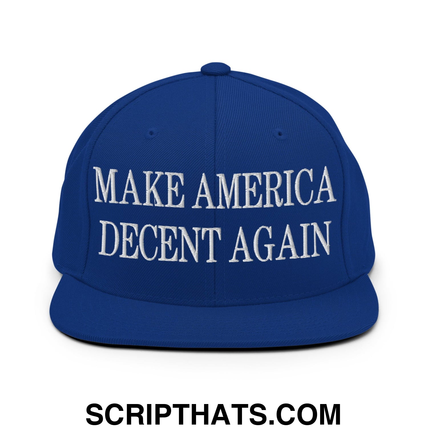 Royal blue snapback hat with white embroidered make america decent again text and flat bill brim design