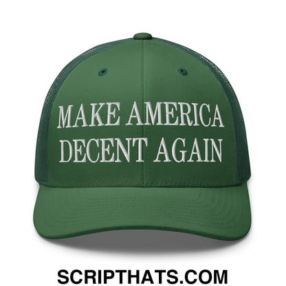 Green mesh trucker hat with white embroidered make america decent again text on the front panel