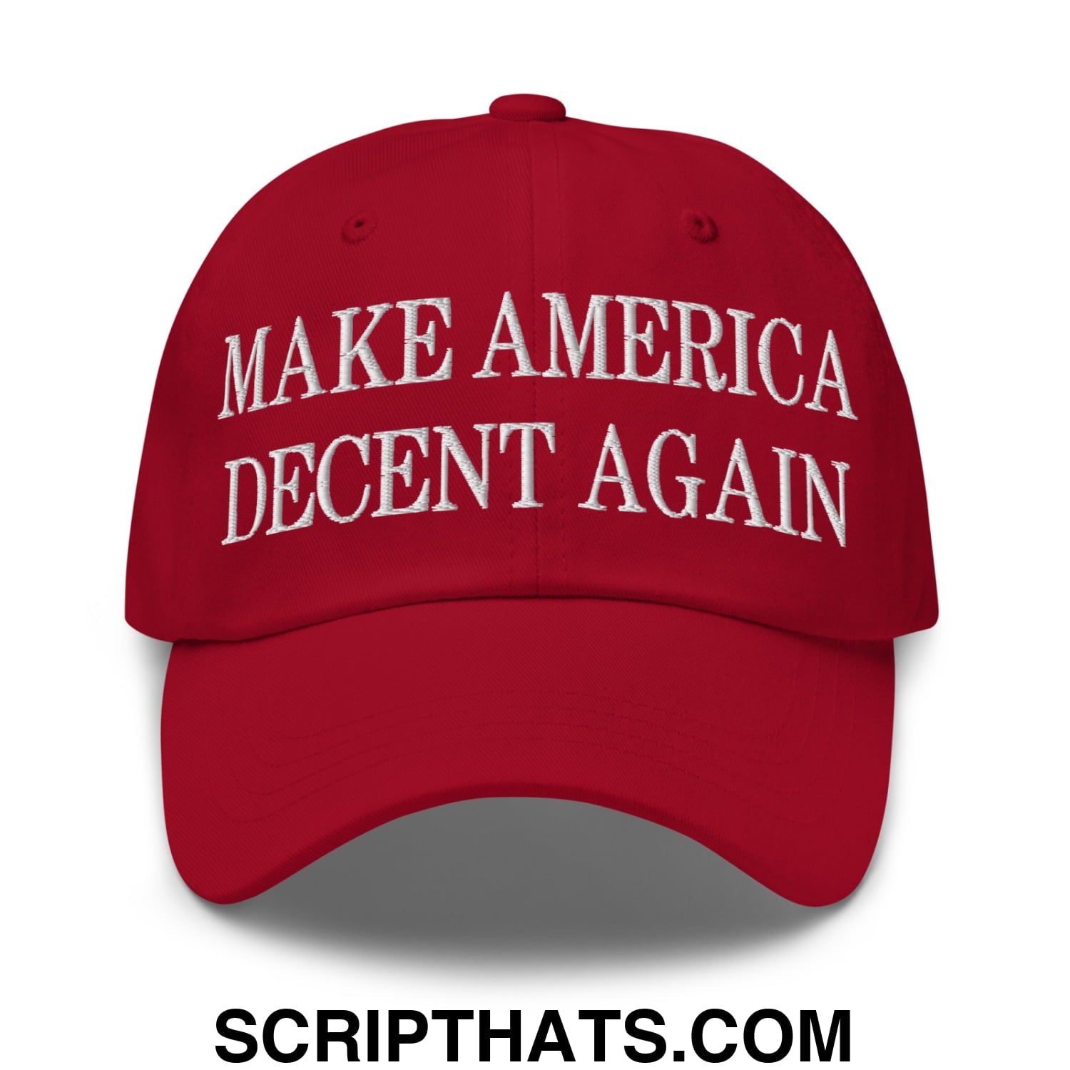 Red unstructured dad hat with white embroidered make America decent again text, perfect for casual wear