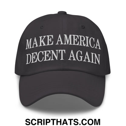 Black unstructured dad hat with white embroidered make america decent again text for casual wear